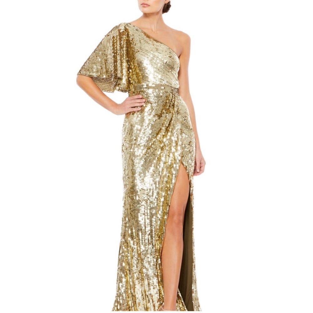 Leena for Mac Duggal EMBELLISHED CAP SLEEVE COWL NECK TRUMPET GOWN
